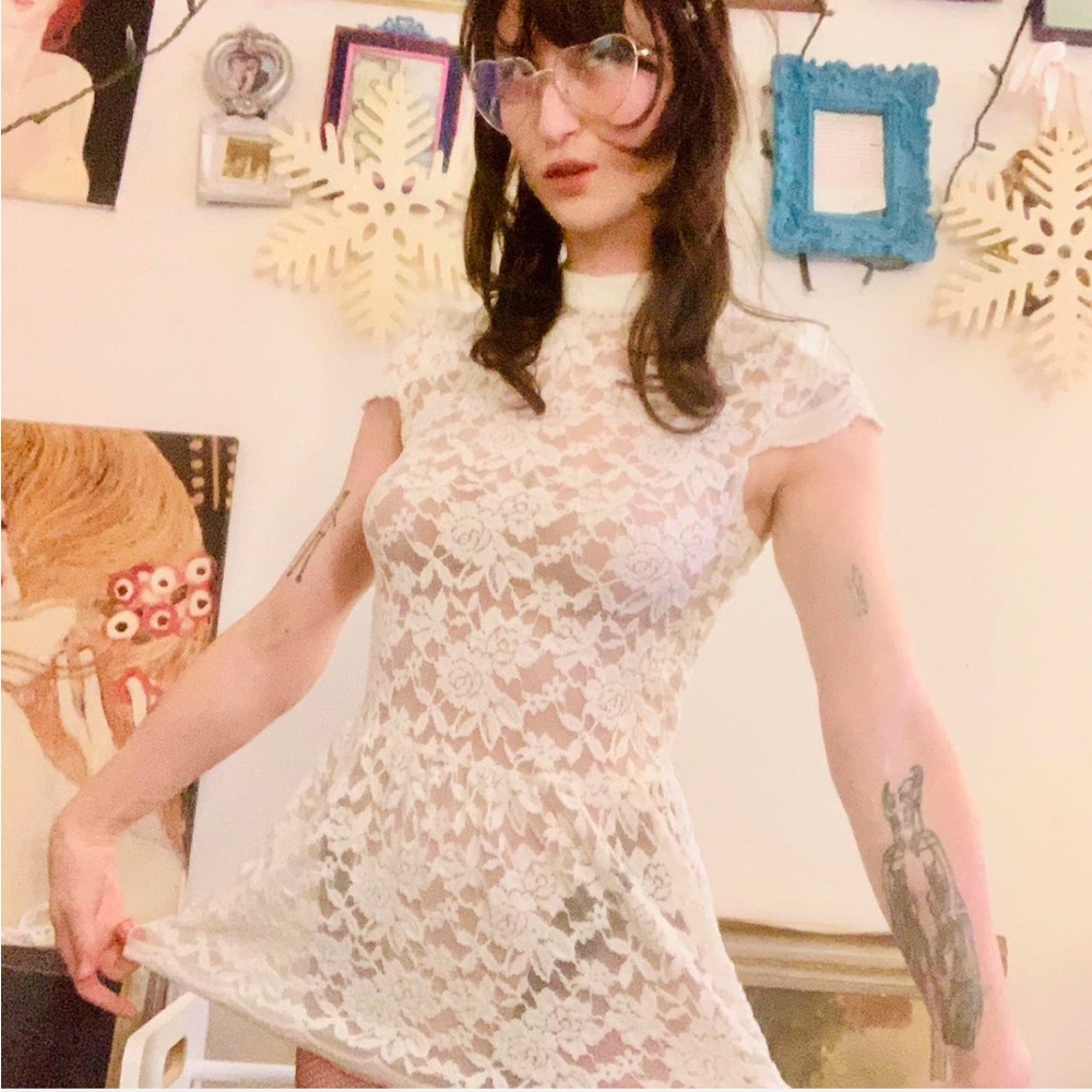 Tex White Sheer Lace Mini Dress